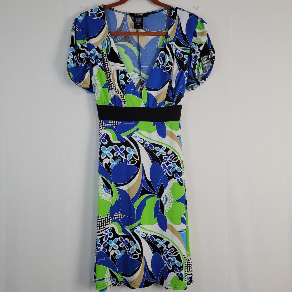 Vintage Y2K Abstract Floral Babydoll Tie Waist Dress size XL Blue Green Black